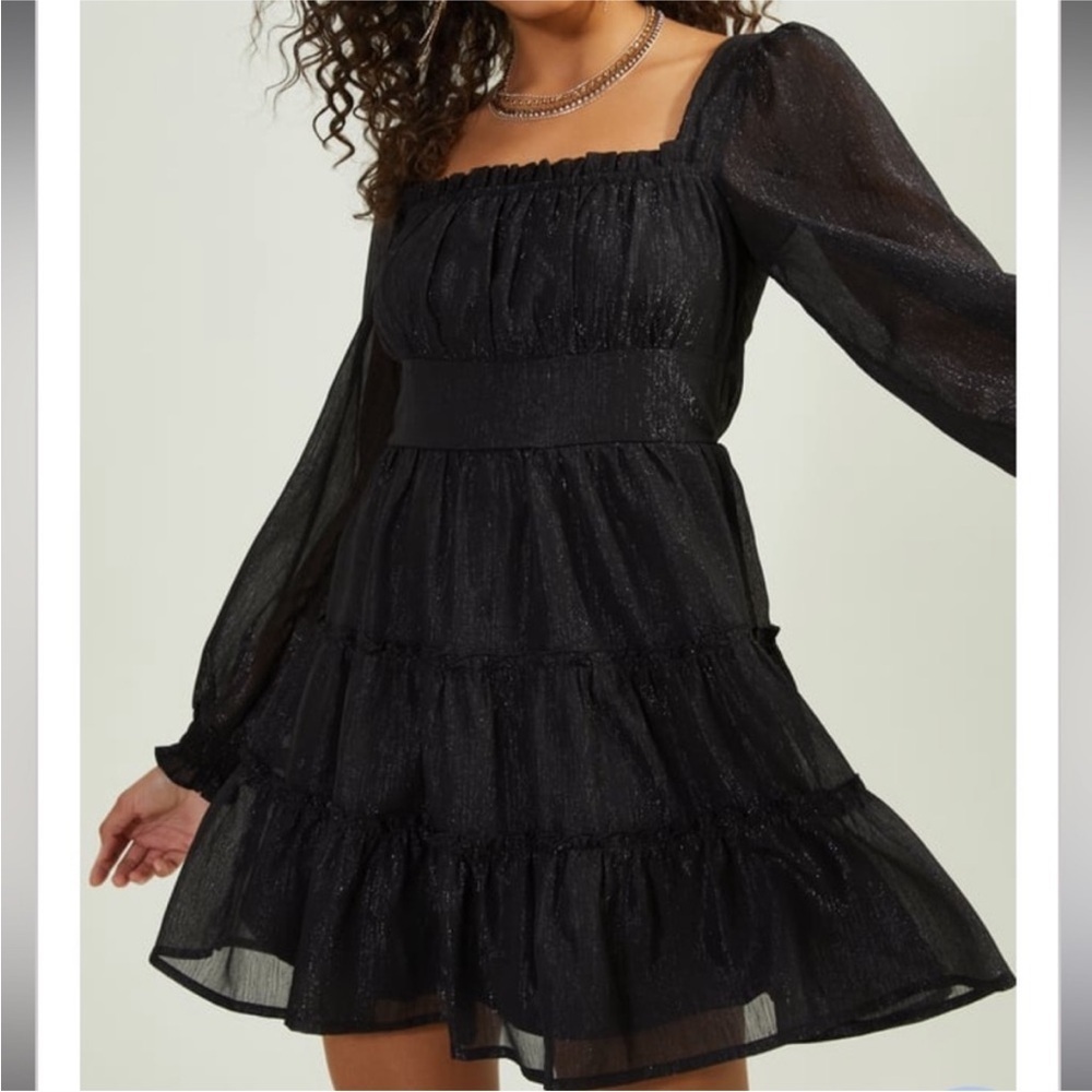 Altar’d State Black Ruffle Shimmer Dress Size Medium Holiday New Year Party